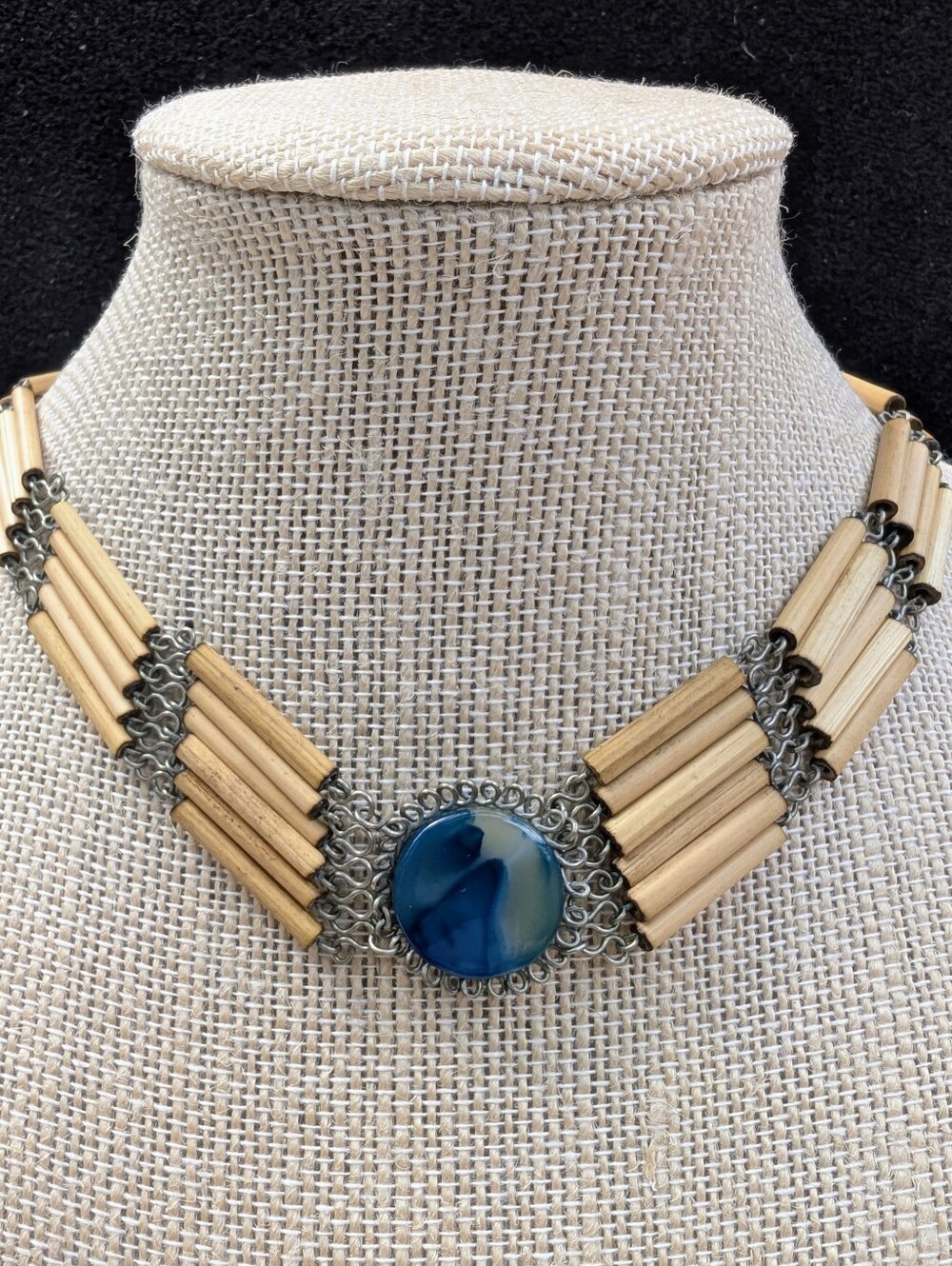 Vintage Boho bamboo and blue agate wire-work choker necklace, handmade in Peru